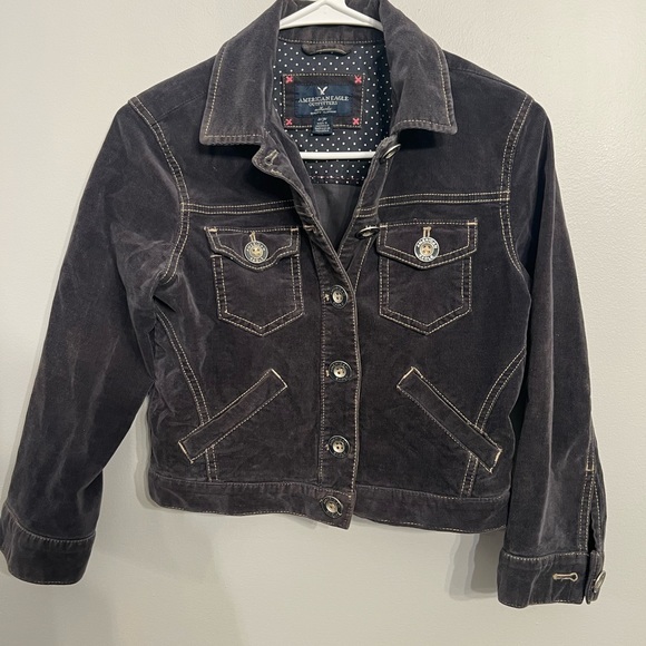 American Eagle Grey Cropped Corduroy Jacket With Stitching And Button Detail S - Picture 5 of 8